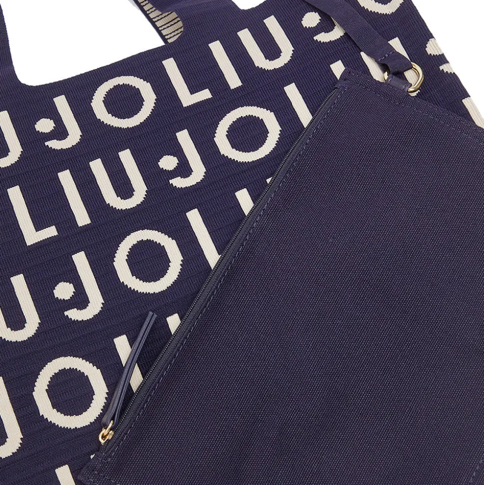 Tote Bag Large LIU JO in Maglia Blu Scuro con Logo Jacquard Bianco