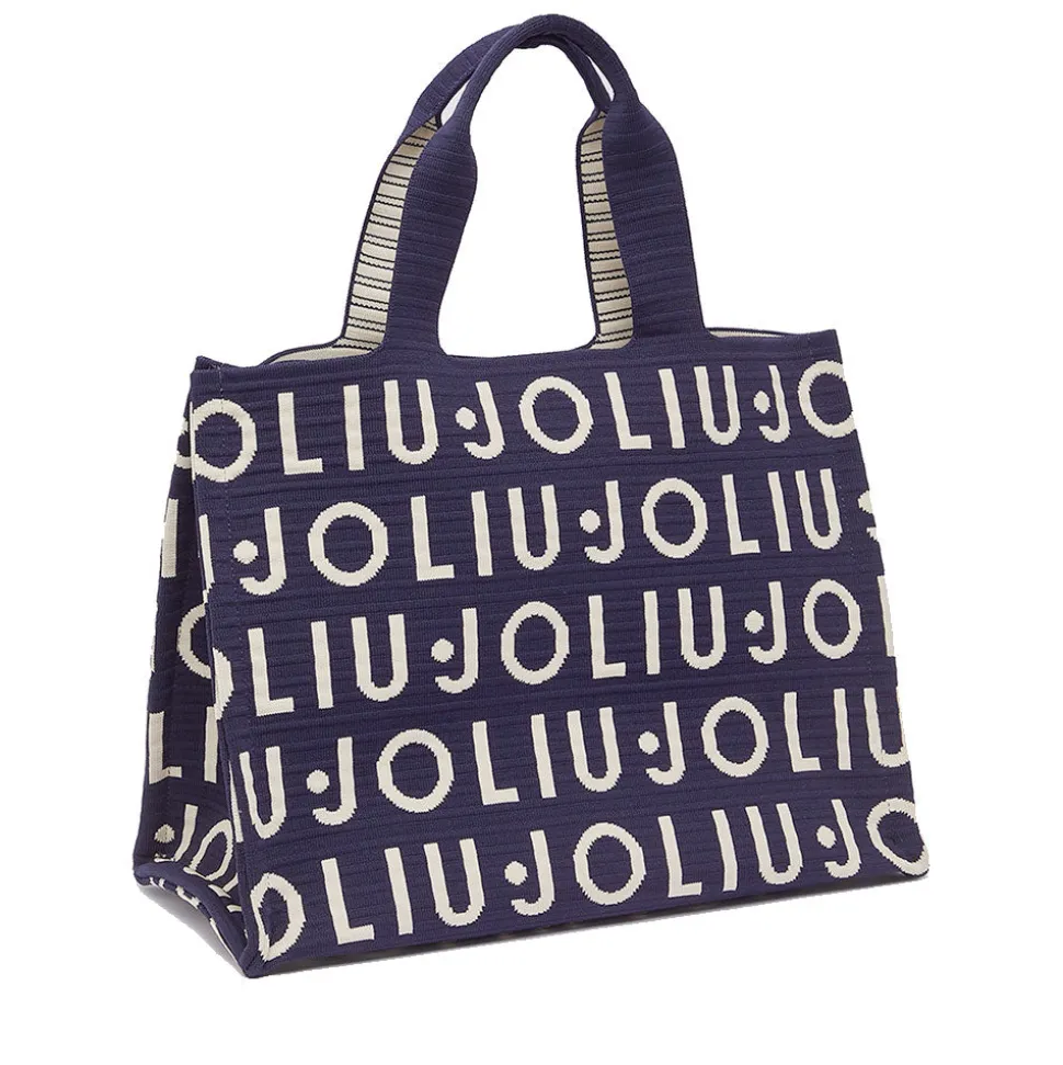 Tote Bag Large LIU JO in Maglia Blu Scuro con Logo Jacquard Bianco